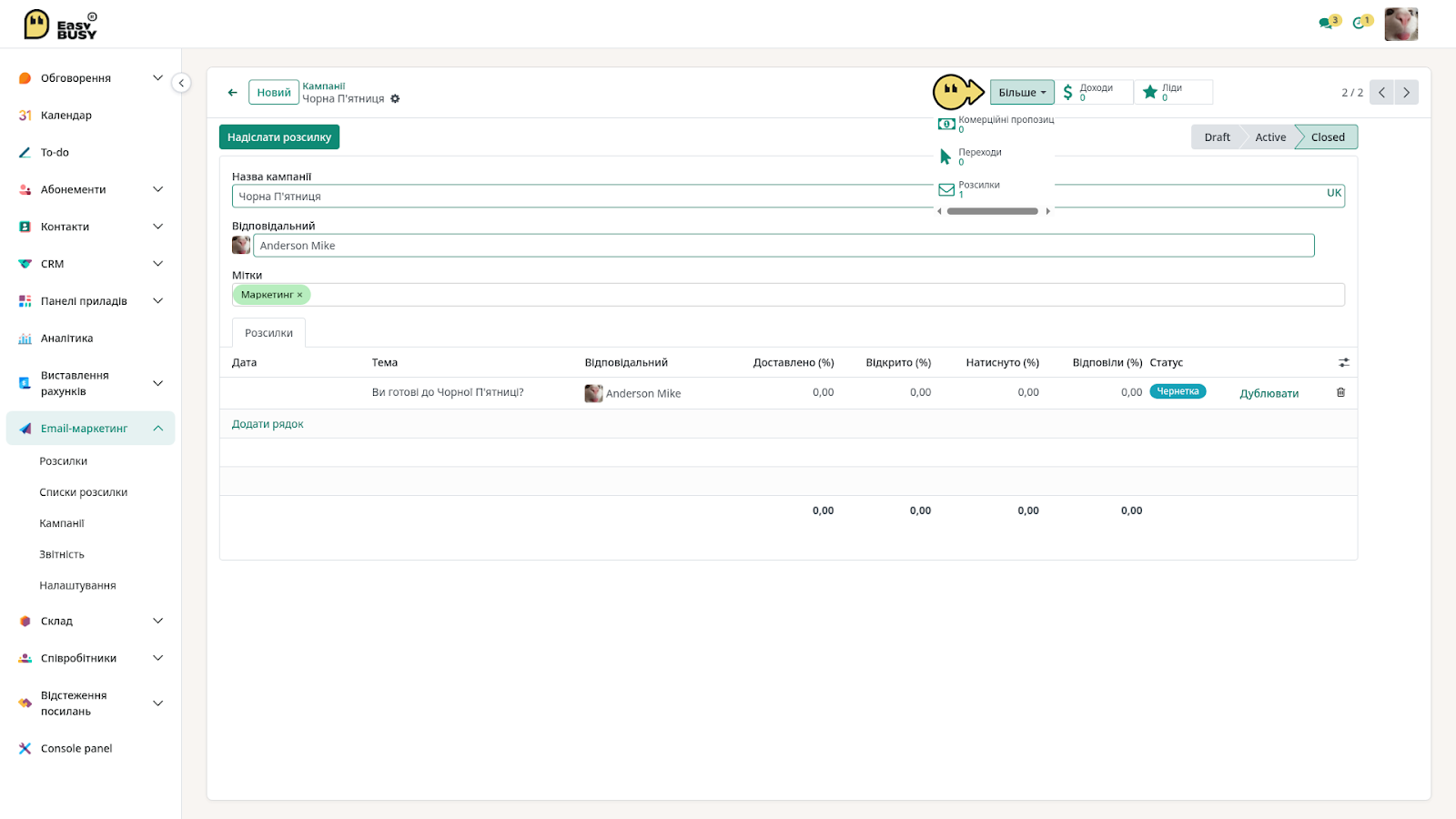 Розділ «Кампанії» – EasyBusy